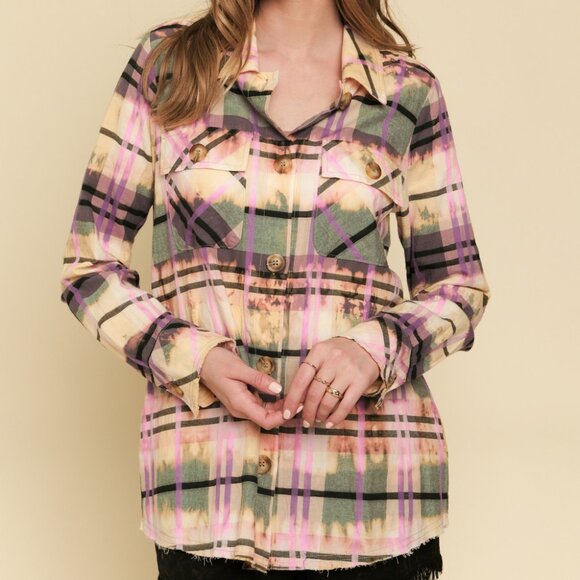 MYSTREE Plaid Button Down Shirt, Multicolor Pink Purple Green Oversized Shirt - Picture 1 of 7